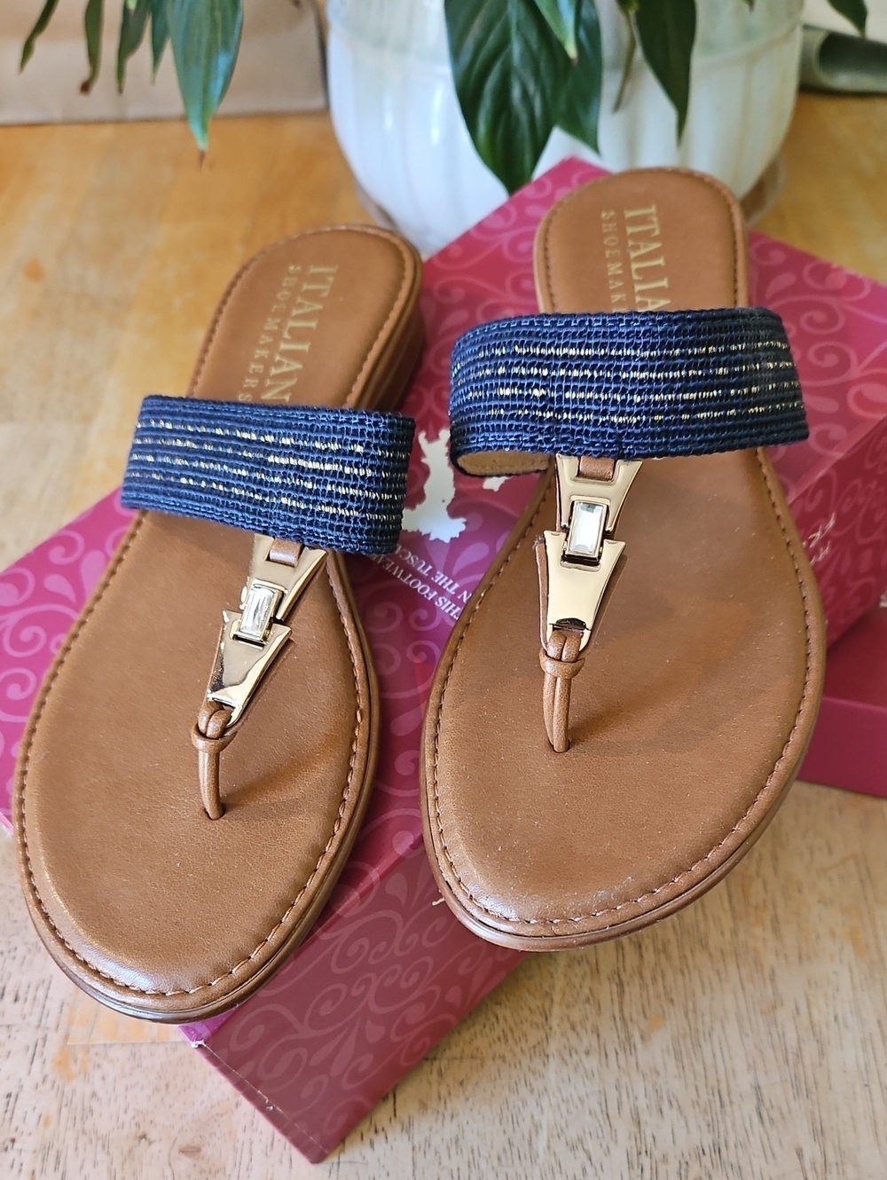 Italian Shoemakers Navy and Tan Leather Slide Sandals with Gold Accent